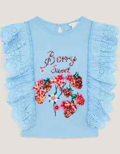 Embellished Strawberry Broderie Ruffle Top Blue
