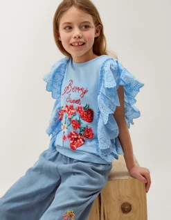 Embellished Strawberry Broderie Ruffle Top Blue