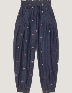 Embroidered Chambray Cuffed Trousers Blue