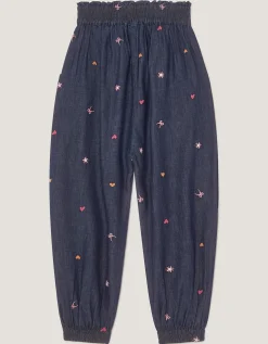 Embroidered Chambray Cuffed Trousers Blue