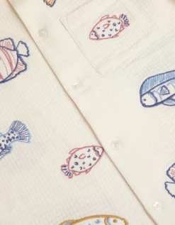 Embroidered Fish Short Sleeve Shirt Ivory
