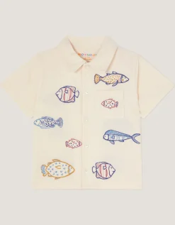 Embroidered Fish Short Sleeve Shirt Ivory