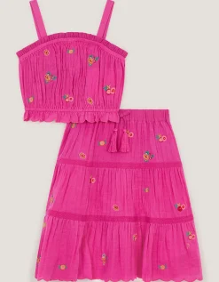 Embroidered Floral Top & Skirt Set Pink