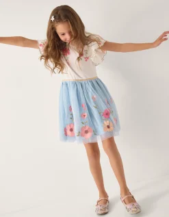Embroidered Floral Tulle Disco Dress Blue