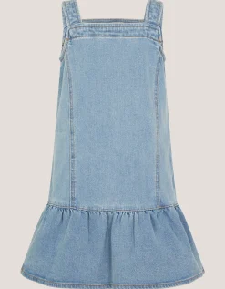 Embroidered Frill Denim Dress Blue