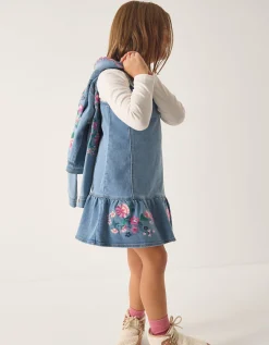 Embroidered Frill Denim Dress Blue