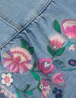 Embroidered Frill Denim Dress Blue