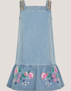 Embroidered Frill Denim Dress Blue