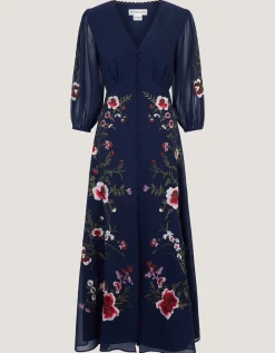 Emi Floral Embroidered Maxi Dress Blue