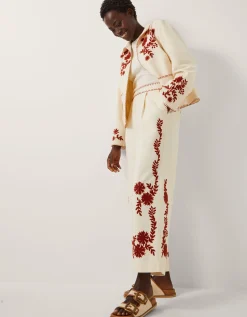 Emilia Floral Embroidered Trousers Ivory