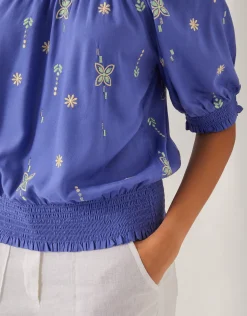 Emily Embroidered Puff-Sleeve Top Blue