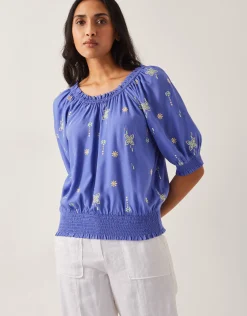 Emily Embroidered Puff-Sleeve Top Blue