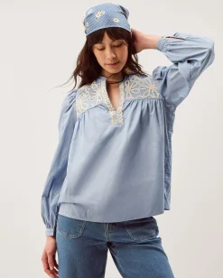 Erica V-Neck Embroidered Blouse Blue