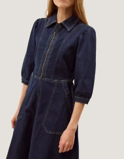 Erin Zip Denim Midi Dress Blue