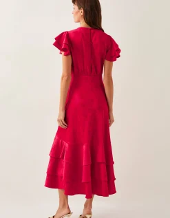 Ester Satin Ruffle Midi Dress Red