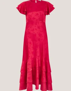 Ester Satin Ruffle Midi Dress Red