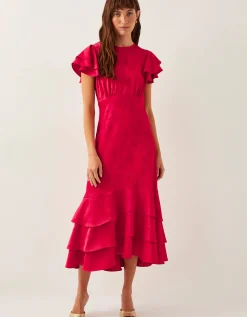 Ester Satin Ruffle Midi Dress Red