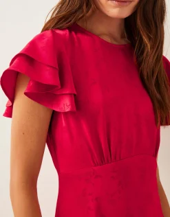 Ester Satin Ruffle Midi Dress Red