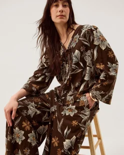 Esther Floral Linen Blend Top Brown