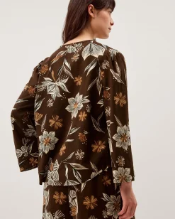 Esther Floral Linen Blend Top Brown