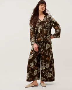 Esther Floral Linen Blend Top Brown
