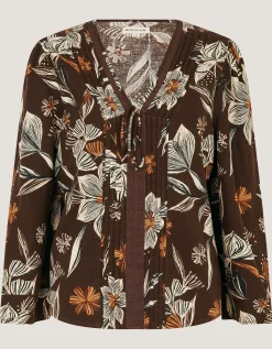 Esther Floral Linen Blend Top Brown