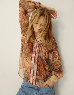 Evelina Sheer Floral Print Top Brown