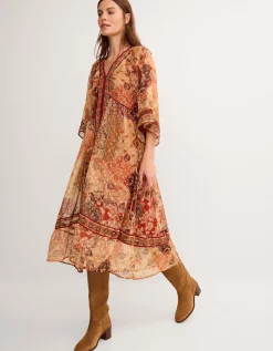 Evelina Shimmer Floral Print Midi Dress Brown