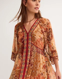 Evelina Shimmer Floral Print Midi Dress Brown