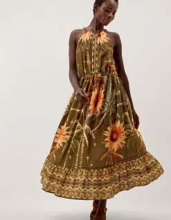 Fallon Sleeveless Tropical Print Midi Dress Green