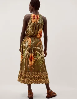Fallon Sleeveless Tropical Print Midi Dress Green