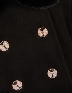 Faux Fur Collar Double-Breasted Coat Black