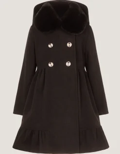 Faux Fur Collar Double-Breasted Coat Black