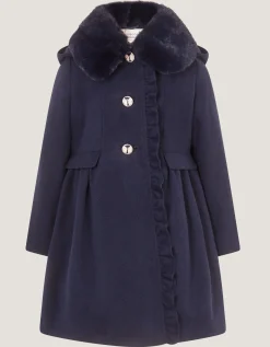 Faux Fur Collar Frill Coat Blue