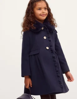 Faux Fur Collar Frill Coat Blue