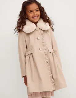 Faux Fur Collar Frill Coat Camel