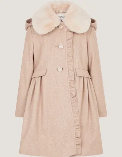 Faux Fur Collar Frill Coat Camel