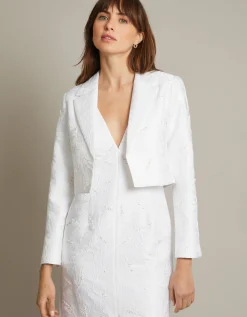 Faye Hand-Beaded Jacquard Cropped Bridal Jacket Ivory