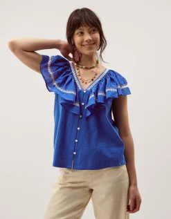 Fenn Embroidered Ruffle Jersey Top Blue