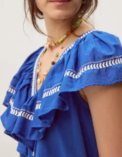 Fenn Embroidered Ruffle Jersey Top Blue