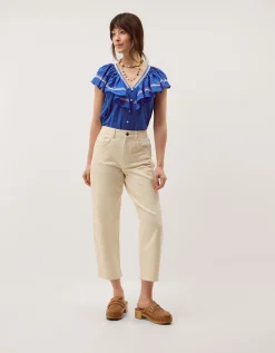 Fenn Embroidered Ruffle Jersey Top Blue