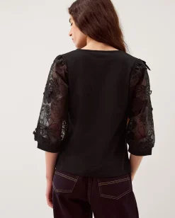 Fi Floral Appliqué Jersey Top Black