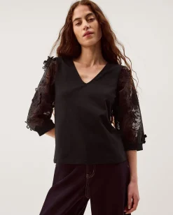 Fi Floral Appliqué Jersey Top Black