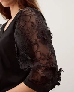Fi Floral Appliqué Jersey Top Black