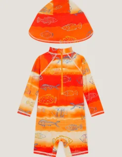 Fish Print UPF50+ Swimsuit & Sun Hat Orange