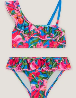 Flamingo Asymmetrical Frill Bikini Set Blue
