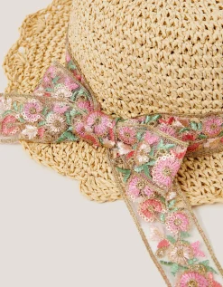Floral Bow Straw Bucket Hat Pink