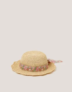 Floral Bow Straw Bucket Hat Pink