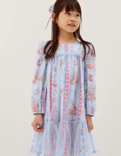 Floral Broderie Long Sleeve Dress & Hair Scrunchie Blue