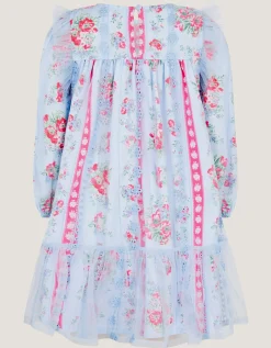 Floral Broderie Long Sleeve Dress & Hair Scrunchie Blue